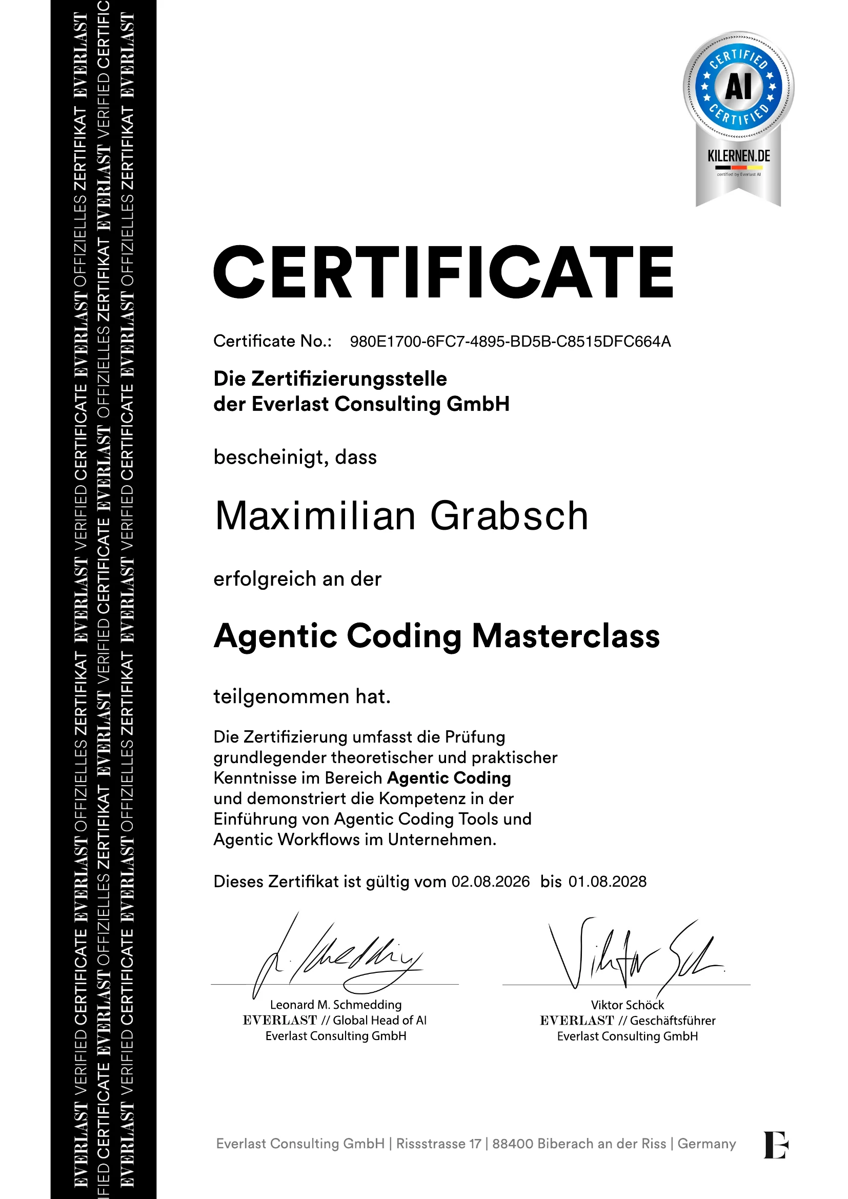 Zertifikatsurkunde „Agentic Coding Masterclass“, ausgestellt auf Maximilian Grabsch